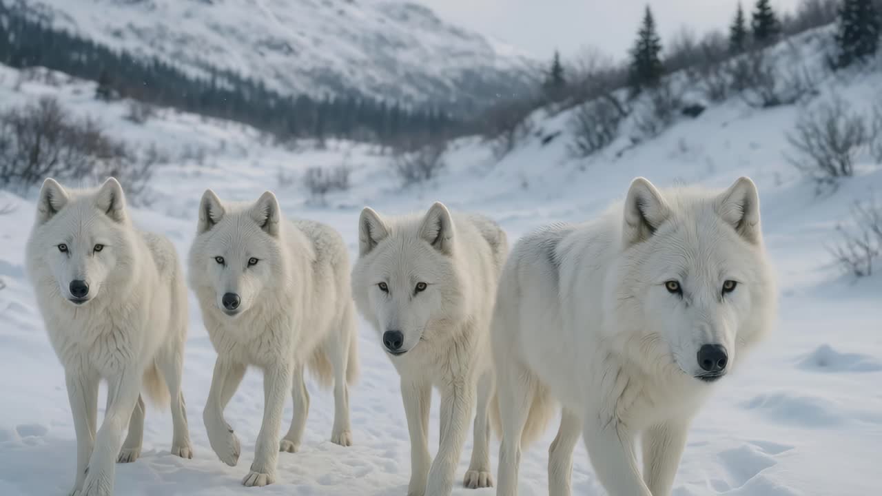 A captivating video still of three white wolves in a snowy landscape, captured from a side angle
