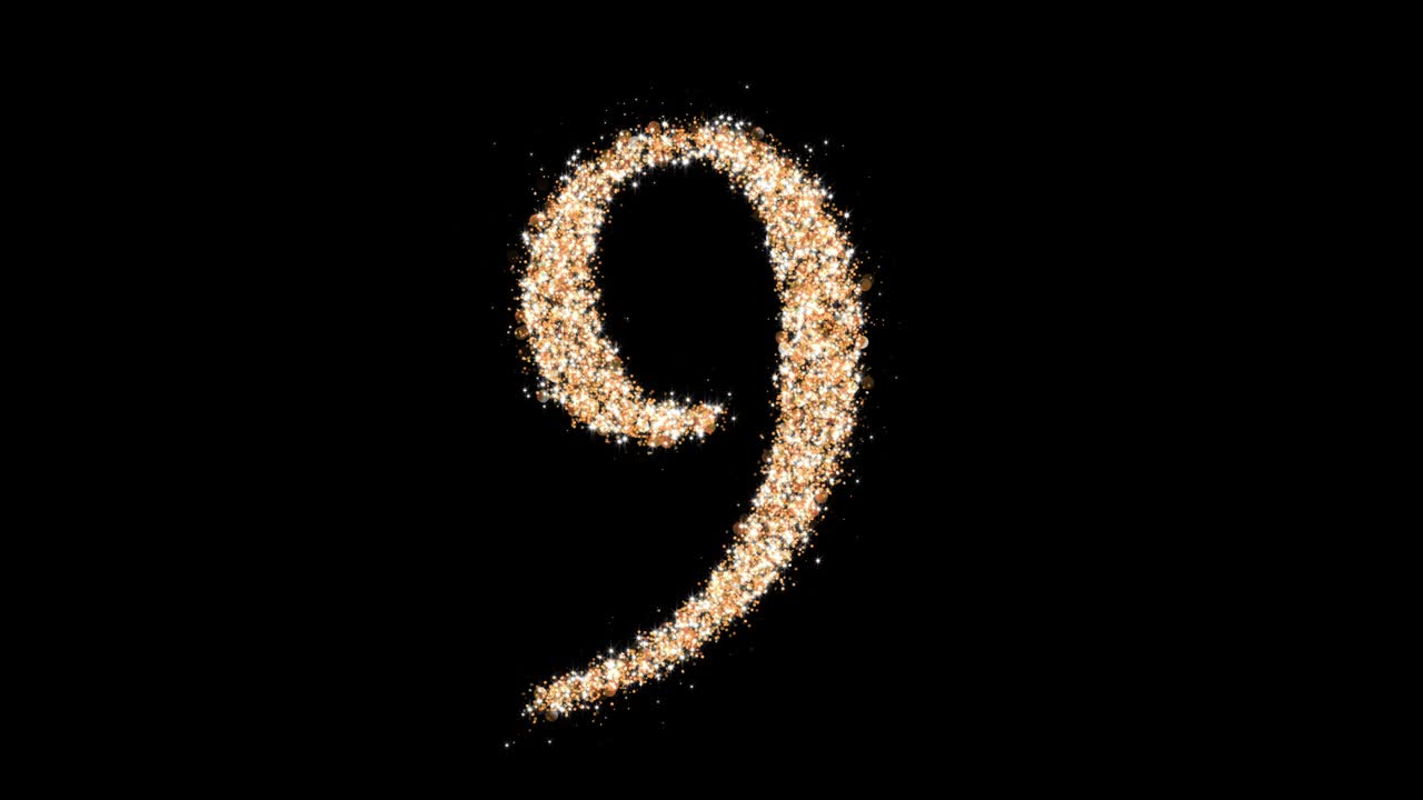 Loop del numero 9 con glitter dorati. Una figura di particelle scintillanti. Animazione 3D