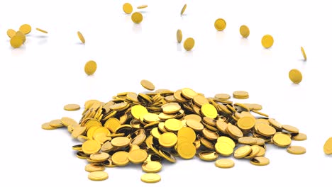 rendering realista de monedas de oro animadas cayendo sobre un fondo blanco. video de imágenes de resolución 4k.