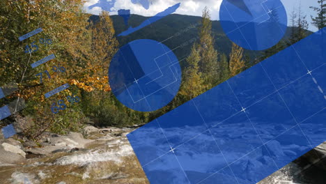 blue geometric shapes and grid animation over scenic mountain landscape with trees