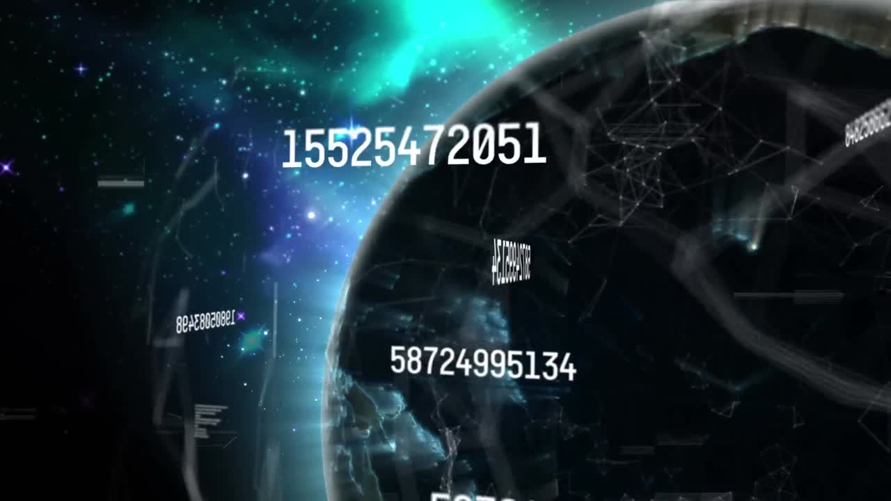 Animation de glitch et de chiffres croissants sur un globe en rotation dans l'espace
