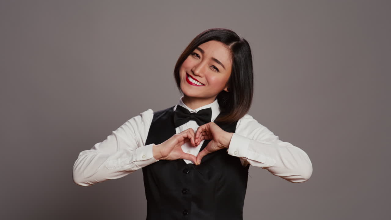 호텔 관리자는 카메라에 심장 모양의 기호를 보여줍니다.