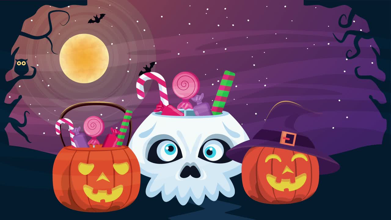 해피 할로윈 애니메이션 장면 밤에 호박 사탕
