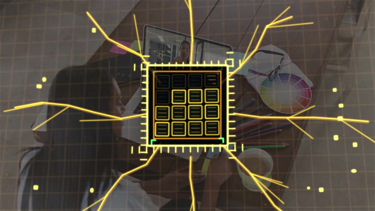 Incoming call starting woman at laptop HUD showing grid cells lighting branches forming showing art
