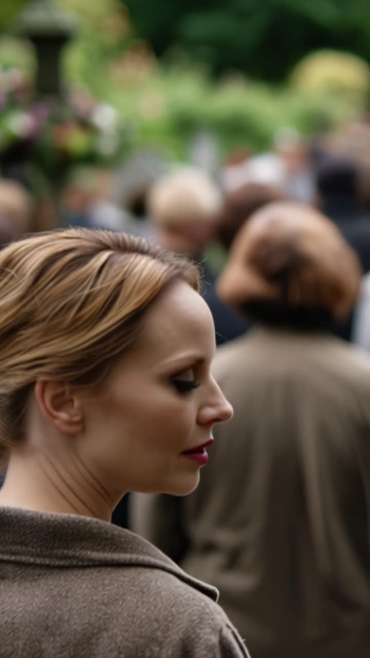 Soft sunlight warms a quiet gathering. Woman's profile glances toward the horizon. Her hair is neatly pinned back. An older man walks beside her, head bowed. People linger in soft focus behind them