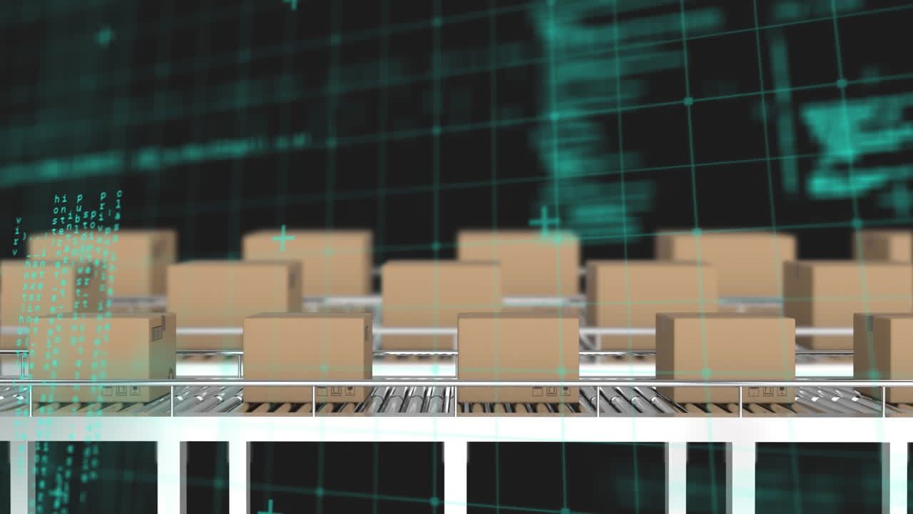 animación del procesamiento de datos financieros sobre cajas de cartón en cintas transportadoras