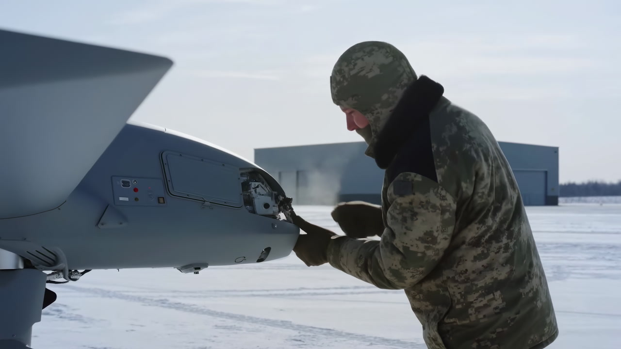 Soldier Inspects Drone On Snowy Runway, Wearing Camouflage Jacket And Balaclava, Checking Front Compartment