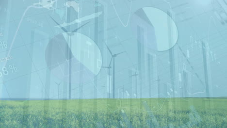 animation of statistical data processing over spinning windmills on grassland against blue sky