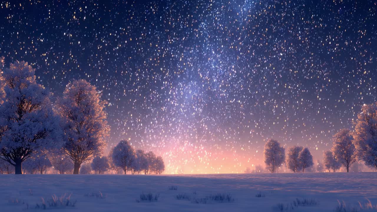 Magical Winter Night: A Serene Snowfall Illuminated by Glowing Stars and Soft Colors in a Tranquil Forest Landscape