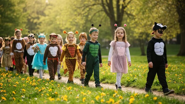 Una parata colorata di bambini in costume: una celebrazione gioiosa con bambini vestiti da animali e personaggi fantastici che camminano insieme in un lussureggiante ambiente esterno