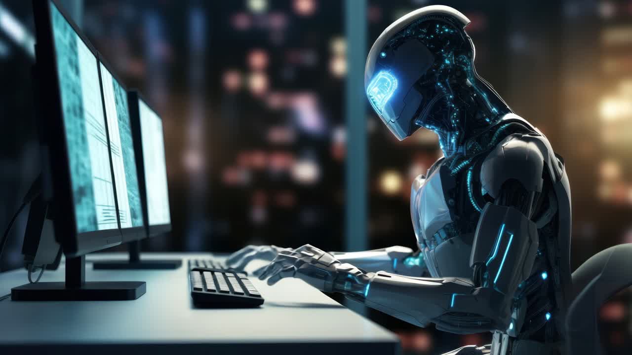 Futuristic robot at a desk, typing on a keyboard. Side angle captures a tech-driven workspace. Ideal