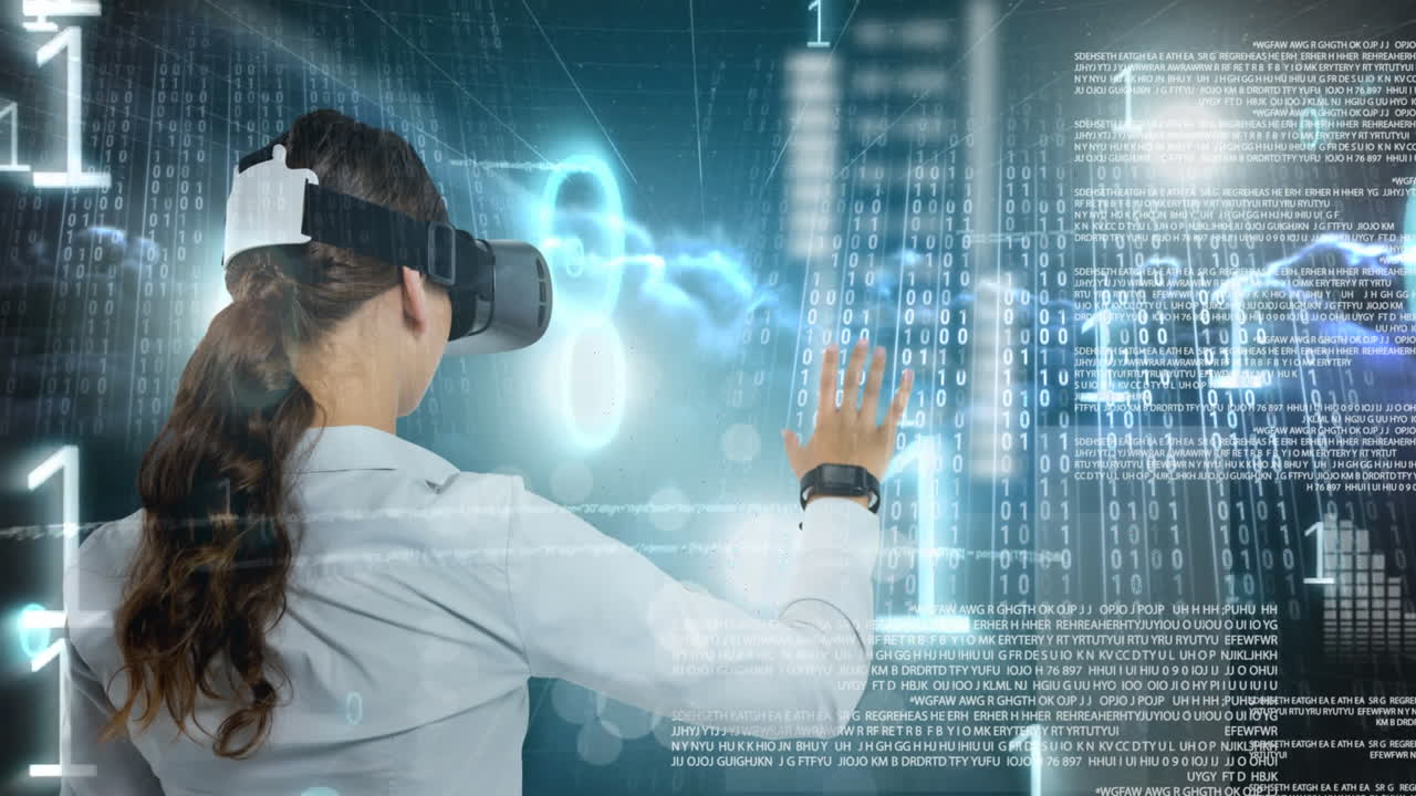 Using virtual reality headset, woman interacting with digital binary code and data