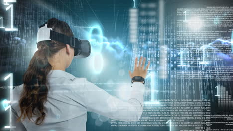 using virtual reality headset, woman interacting with digital binary code and data