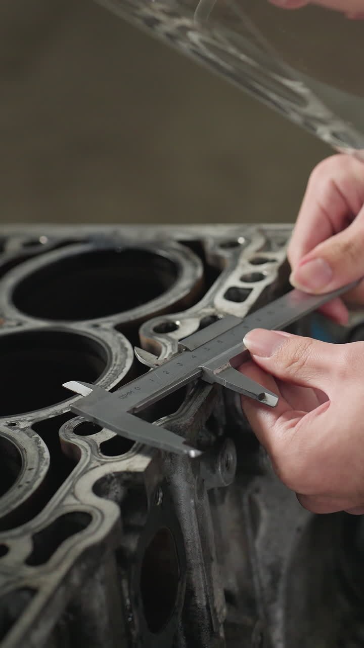 Close up of lab technician in lab coat carefully removing vernier caliper from engine block while closely observing measurement in an automotive workshop, focusing on precision