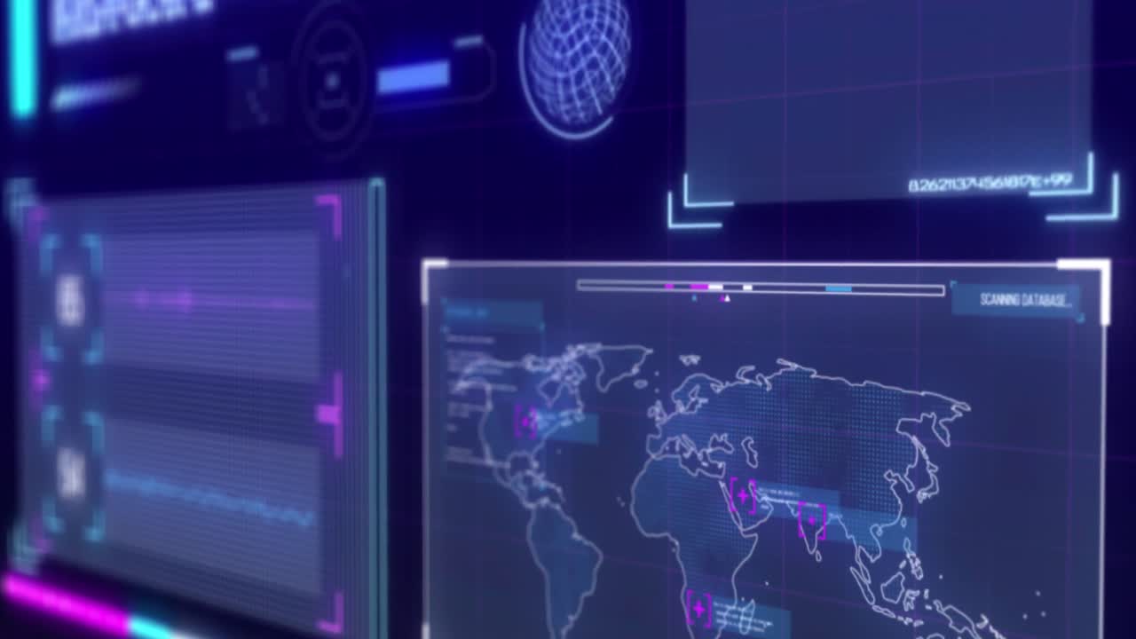 Digital animation of digital interface with data processing against blue background