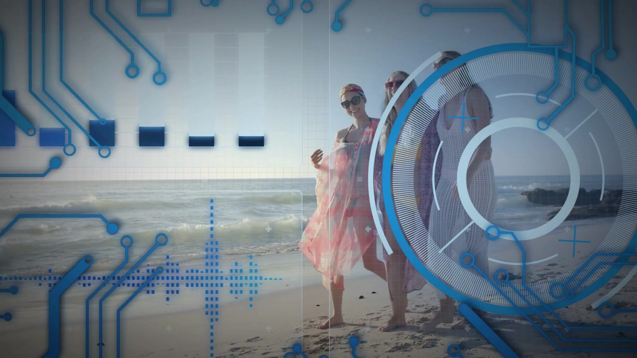 Three women walking along shoreline, blue HUD sweeping right revealing trio for marketing