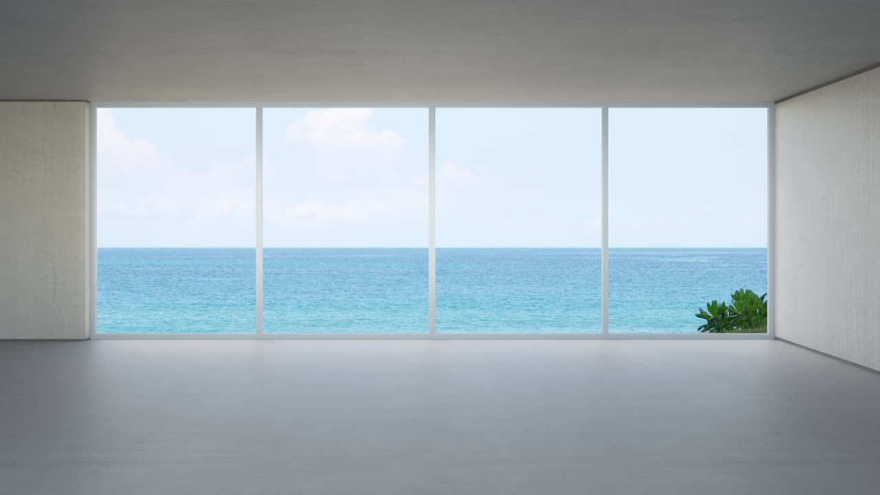 3d 인테리어 렌더링은 해변과 바다를 볼 수 있습니다.