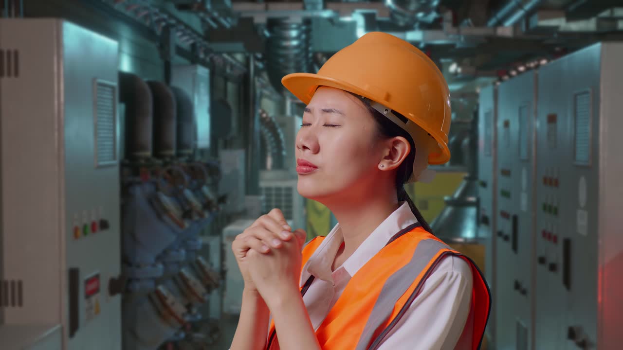 Close Up Side View Of Asian Female Engineer With Safety Helmet Pray For Something While Standing In Engine Control Room, Work Of Electrical Generators