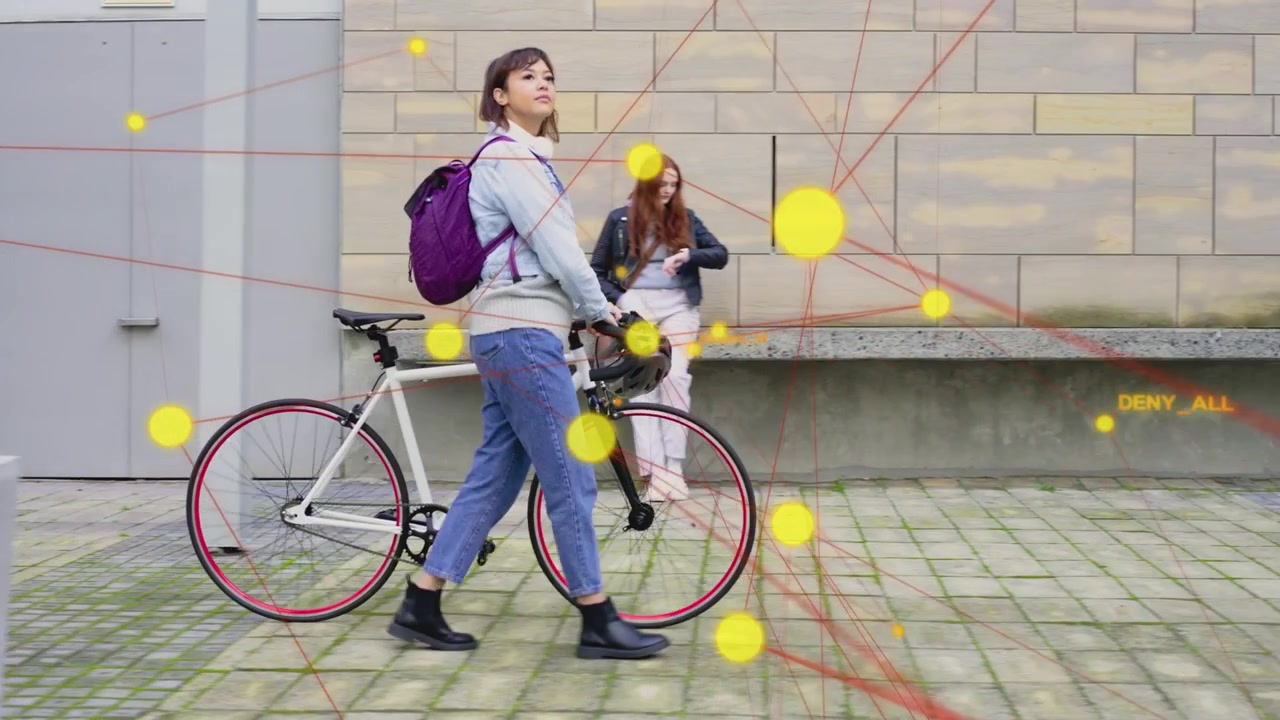Woman pushing bike moving causing yellow dots and red lines animating around both figures for tech