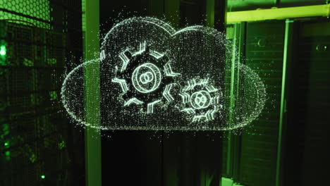 animación de engranajes y nube sobre la sala del servidor