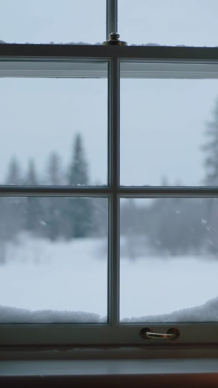 Vertical video: Six-pane window showing falling snow in room, with latch and snowy sill