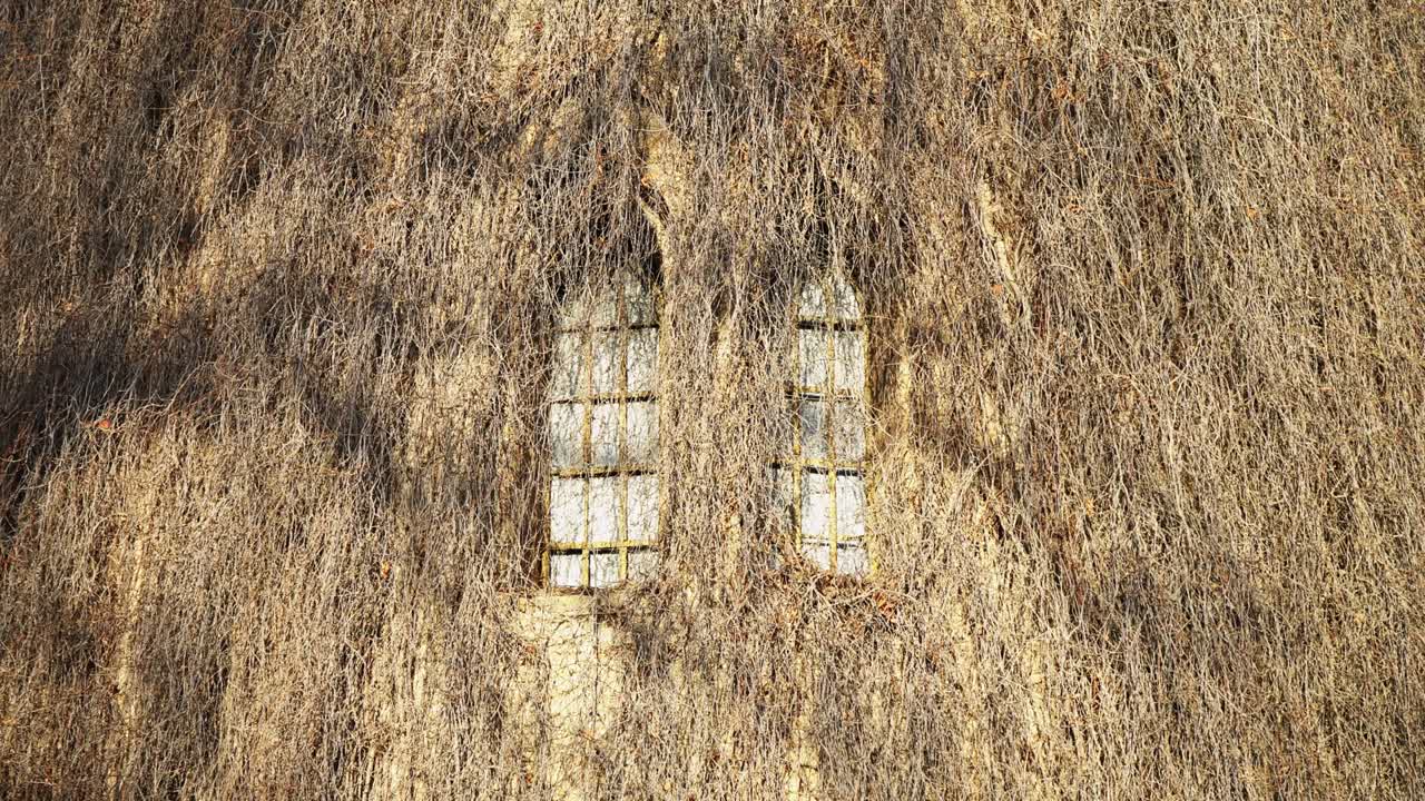 파란 하늘을 배경으로 된 벽돌 물탑. 잠금에 목조 문이 있는 오래된 둥근 탑.