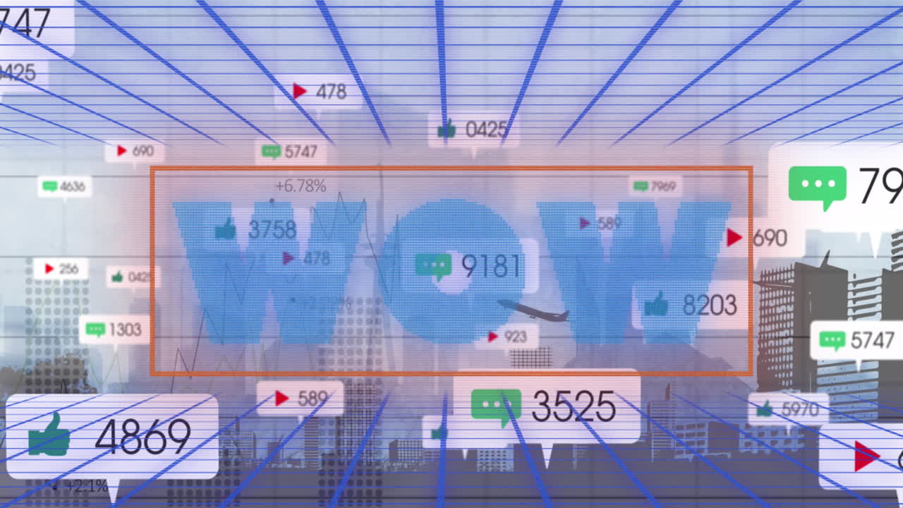 디지털 그리드, 데이터 및 도시 풍경에 대한 소셜 미디어 알림과 함께 와우 텍스트의 애니메이션