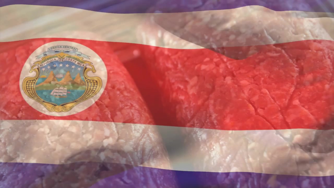 Sovrapposizione della bandiera costaricana che inizia a sventolare e incresparsi su carne cruda, mostrando la cucina costaricana.