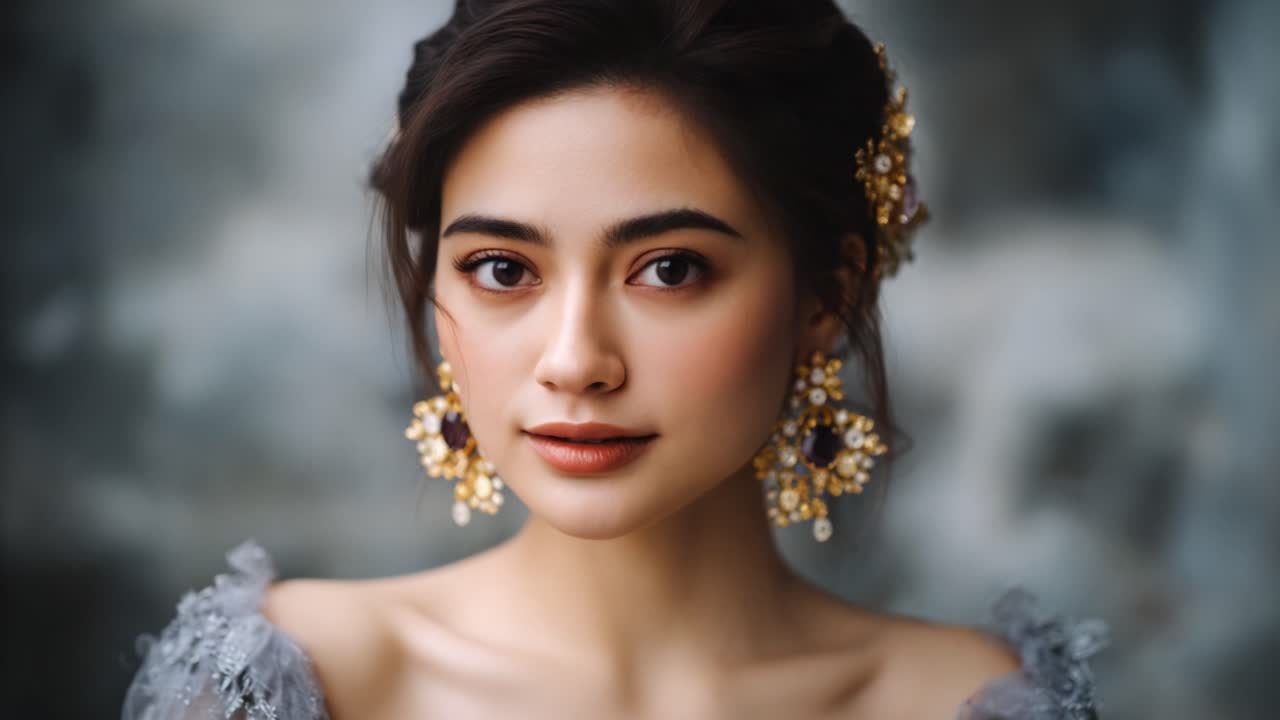 Elegance and Beauty: A Portrait of a Woman Adorned with Exquisite Jewelry and a Graceful Expression in Soft Focus