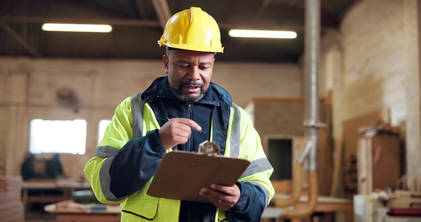 Construction Foreman Reviewing Plans on Clipboard in Workshop