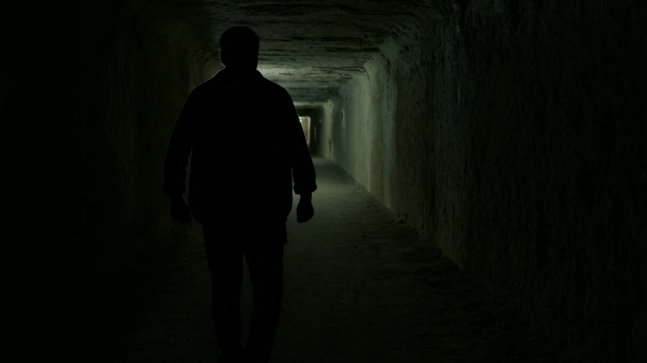 Silhouette of a Person Walking in a Dark Tunnel