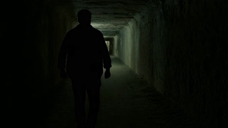 silhouette of a person walking in a dark tunnel