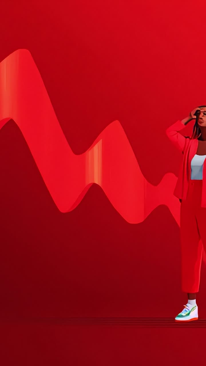 A striking visual narrative presented in vivid red, showcasing two individuals embodying modern fashion and expression against a bold abstract backdrop