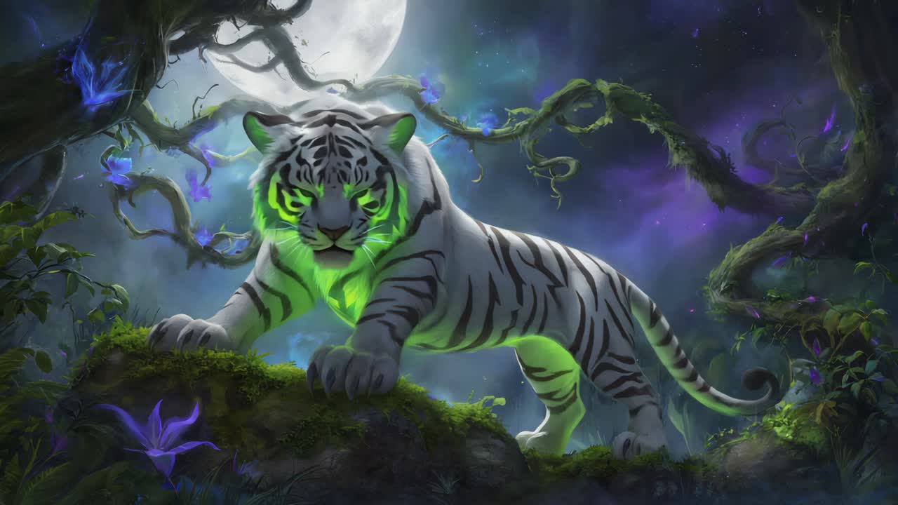 Glowing White Tiger in Enchanted Forest