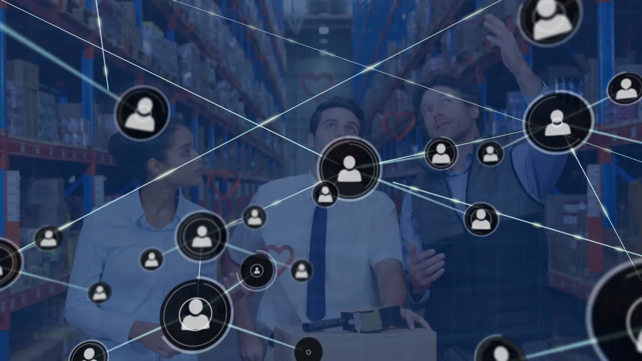 animación de la red de conexiones entre diversos trabajadores en el almacén