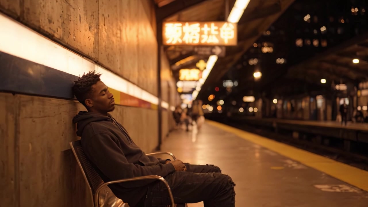 A solitary figure rests on a subway station bench amidst a dimly lit train platform, capturing a moment of stillness in a bustling urban environment at night.