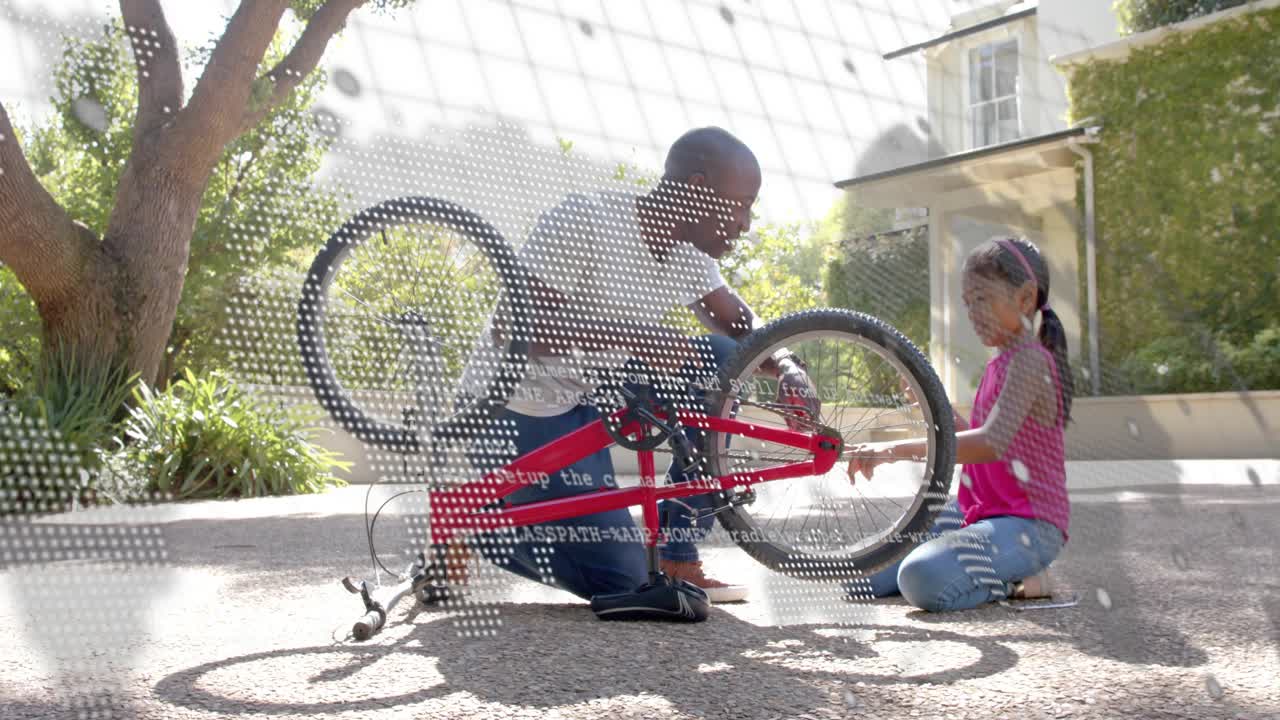 Dotted overlay appearing leading man to kneel, fixing red bike rear wheel while teaching child girl