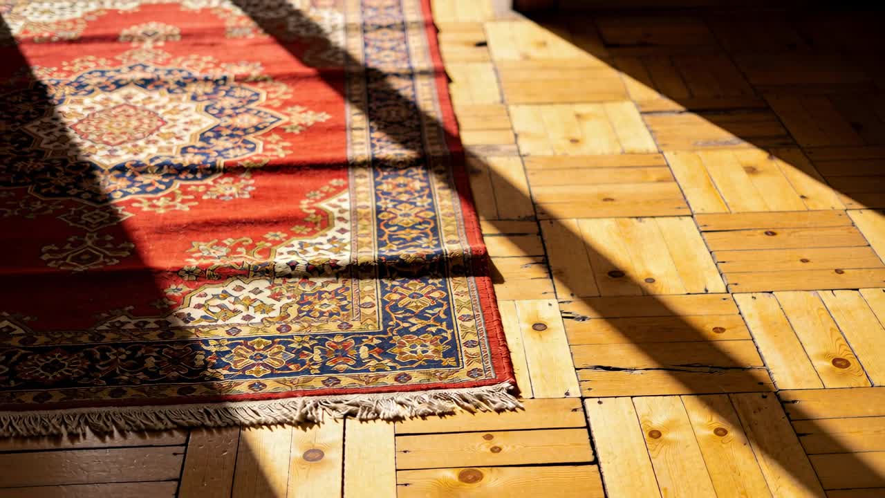 Sole che filtra attraverso la griglia di una finestra, proiettando ombre su un tappeto rosso e parquet, rivelando un'apertura per il design.