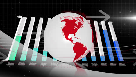 Animation-of-spinning-globe,-data-processing,-light-spot-and-arrow-icons-against-black-background