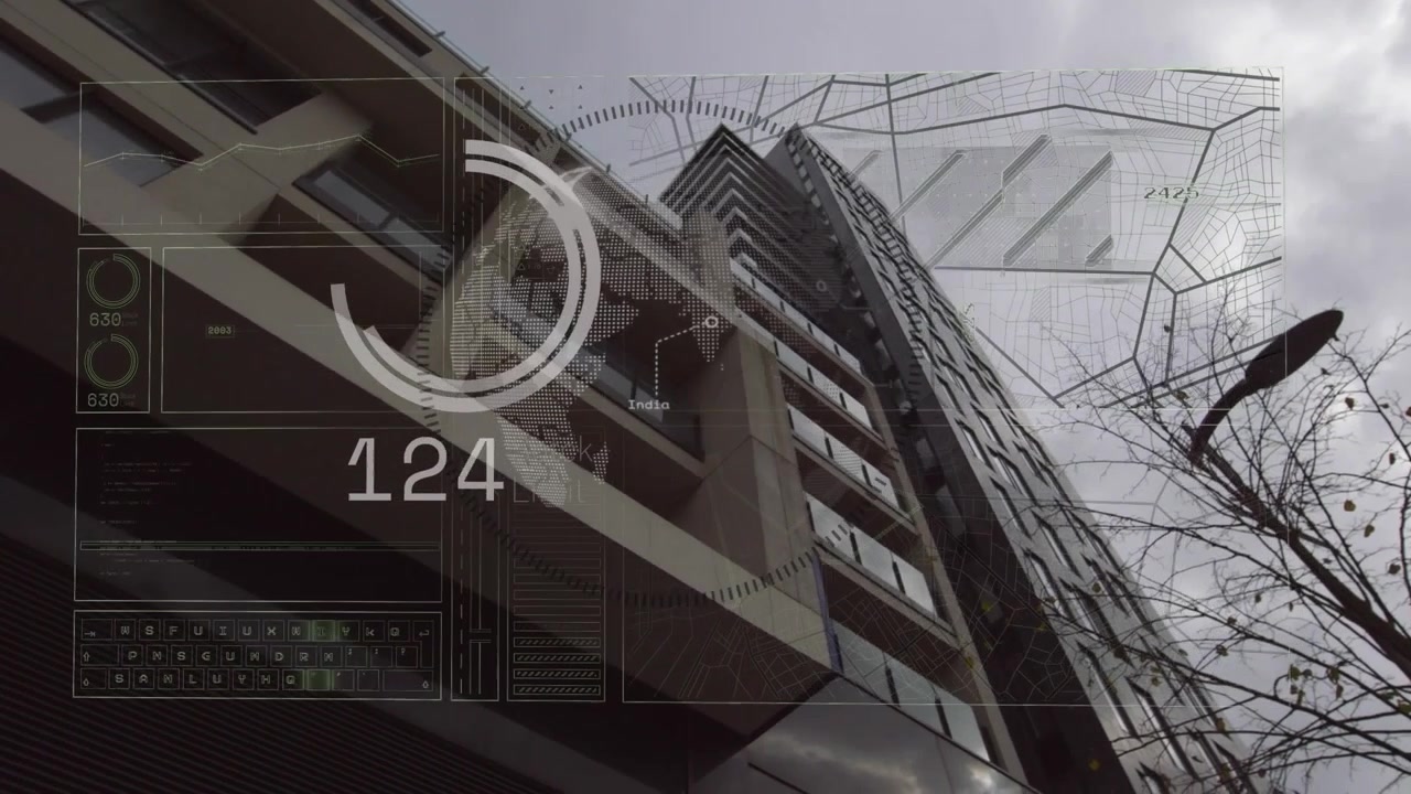 Animation af indlæsningscirkler, grafer og skiftende tal med globus over lav vinkelvisning af bygning