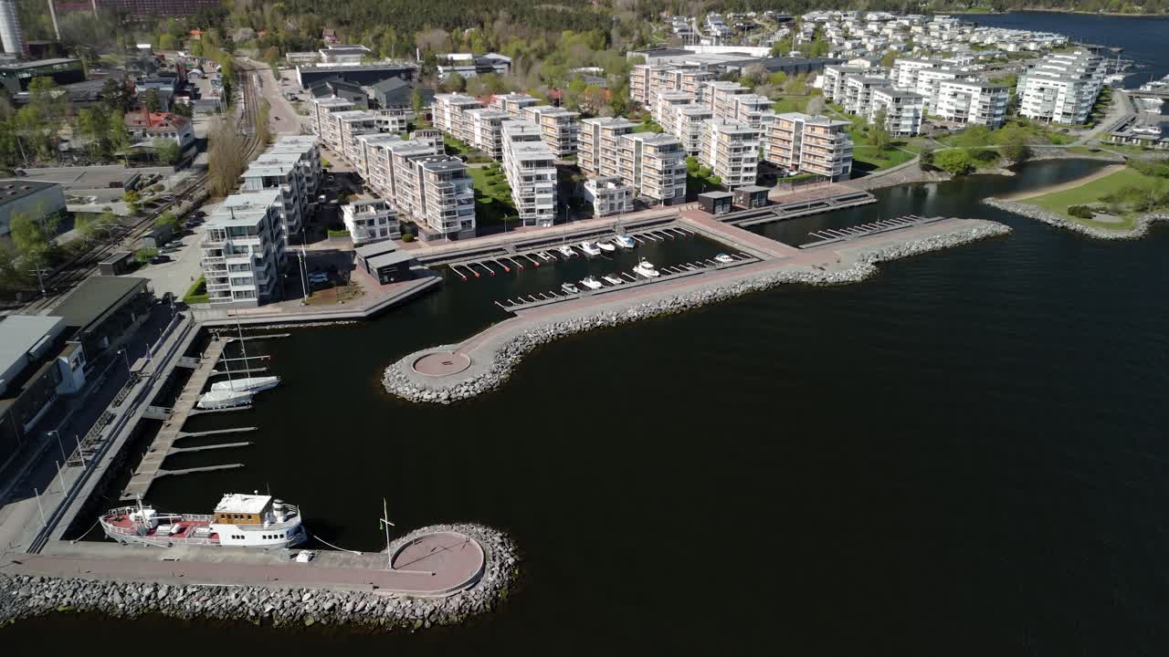 Aerial clip of a Swedish small boats harbor.