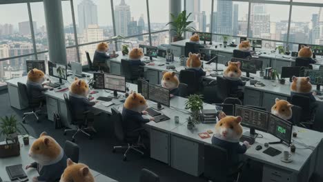 in a lively city during peak work hours, hamsters unexpectedly invade a corporate office, amusingly taking over the workspace as if they were the new employees