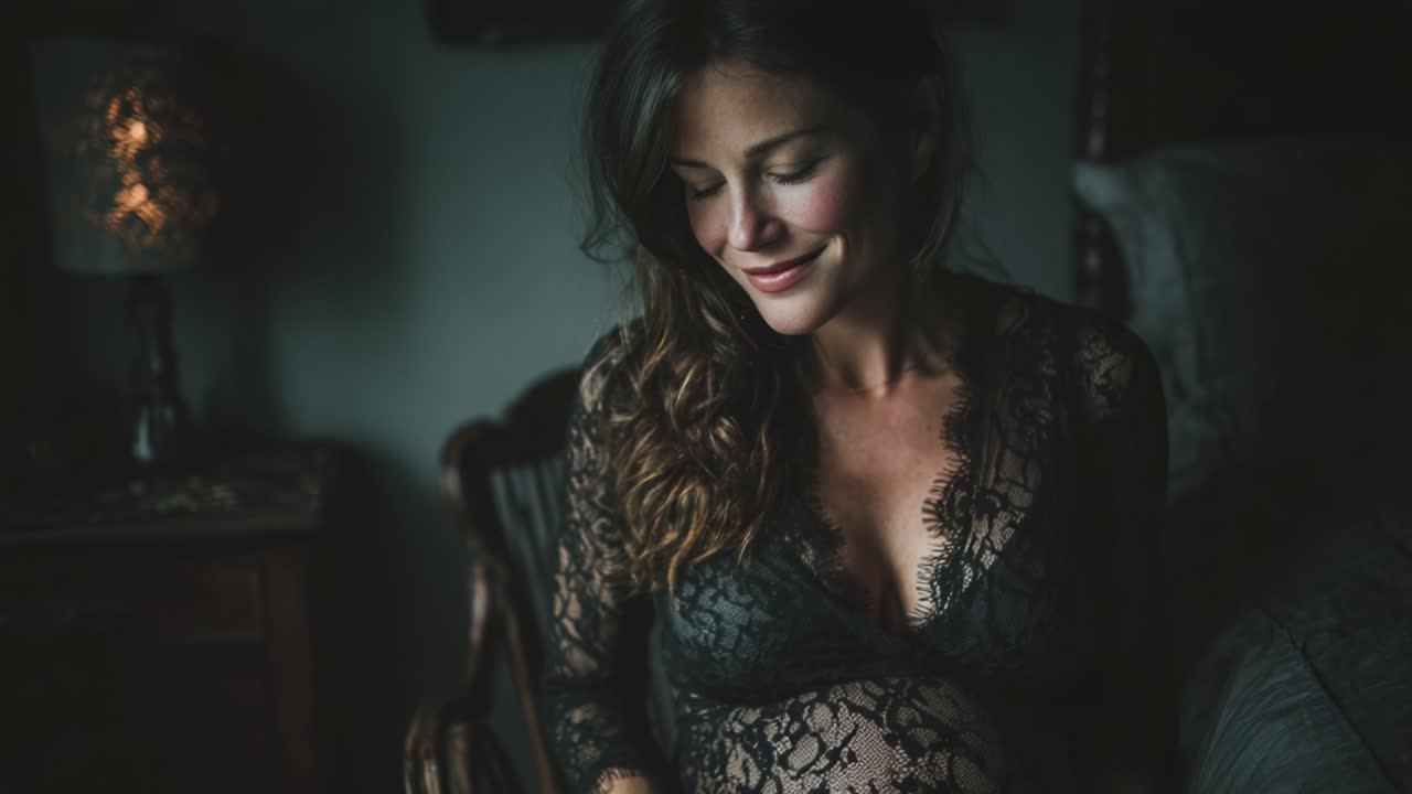 A Beautiful Moment Captured: A Pregnant Woman Embracing Motherhood in a Cozy, Dimly Lit Room with Elegant Lace and Soft Smiles