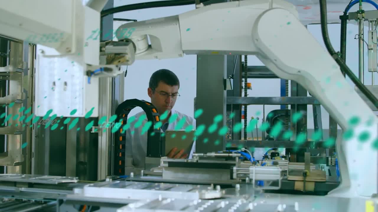 Animation of graphs over caucasian male engineer with robot