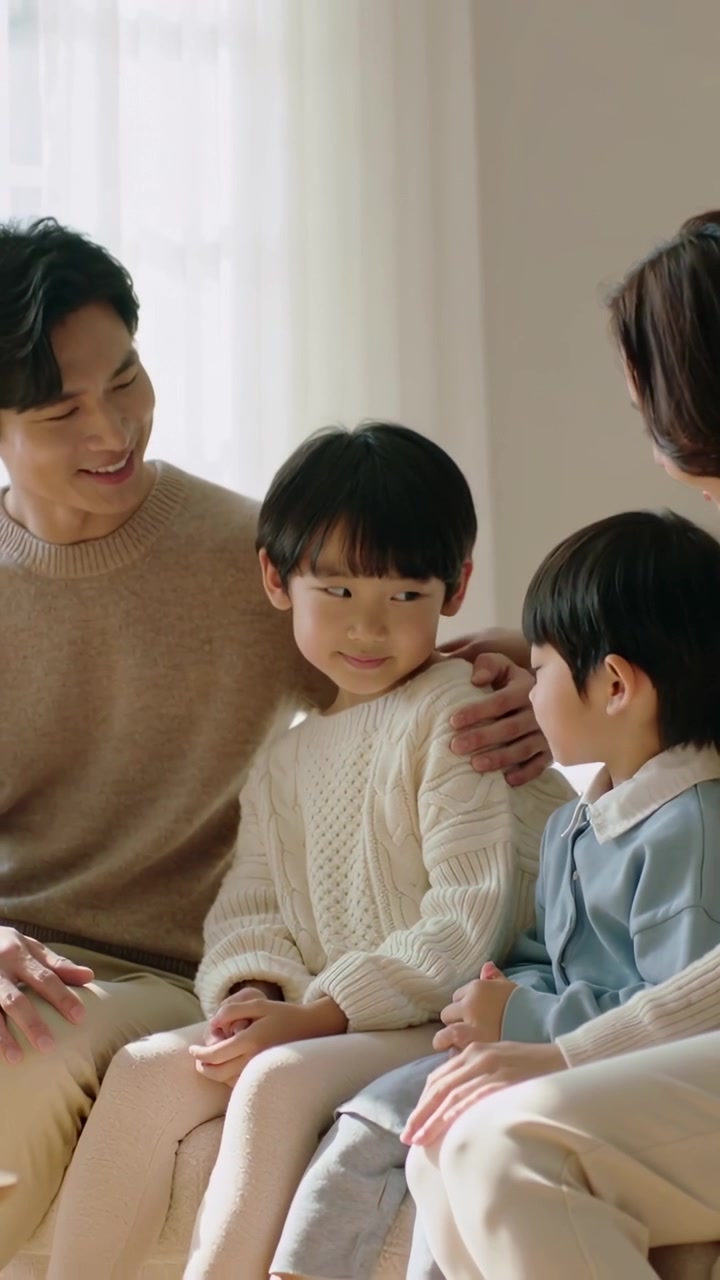 縦型動画：ソファで身を乗り出し守るような仕草をする父親と、右側の子供に触れる母親