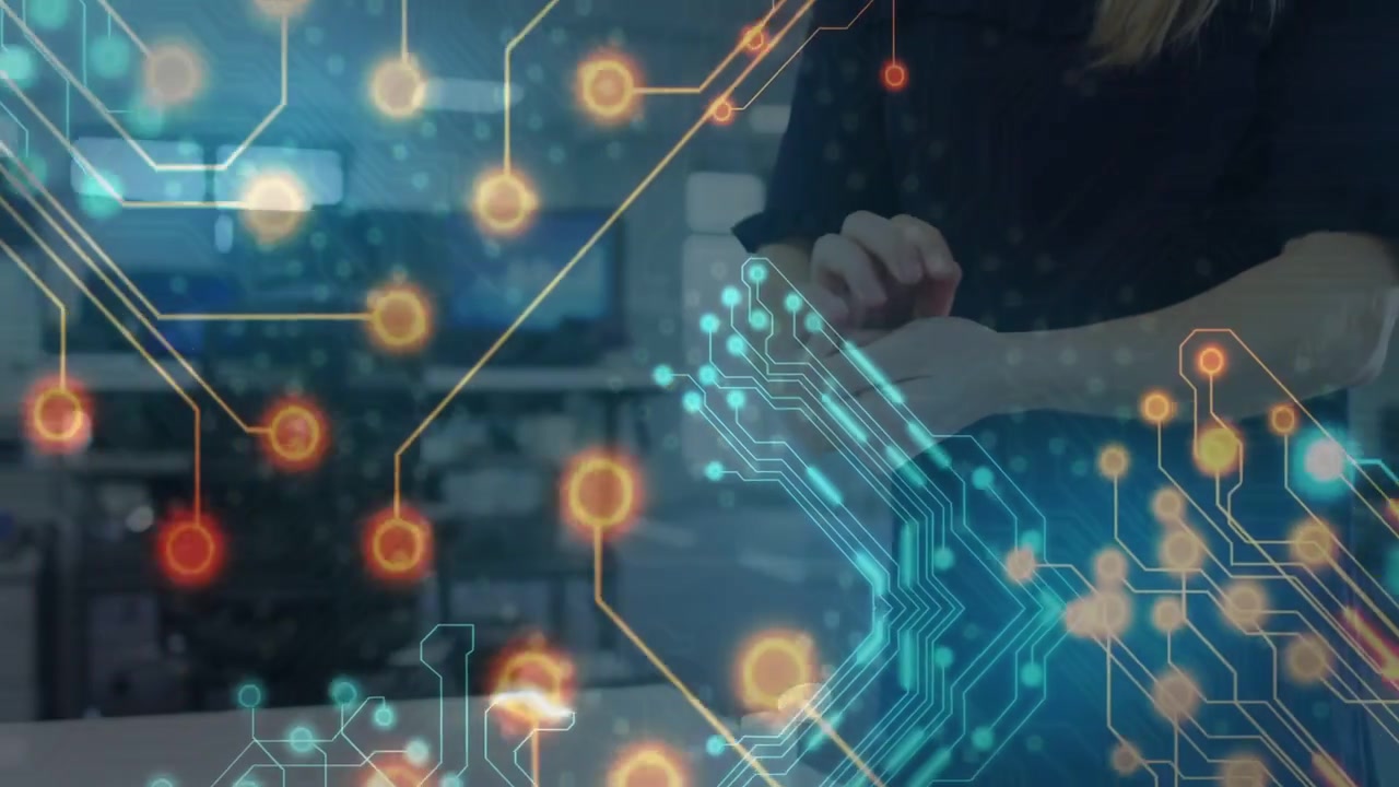 Woman adjusting hands at tech lab circuitry overlay sweeping over hands pulsing nodes showing links
