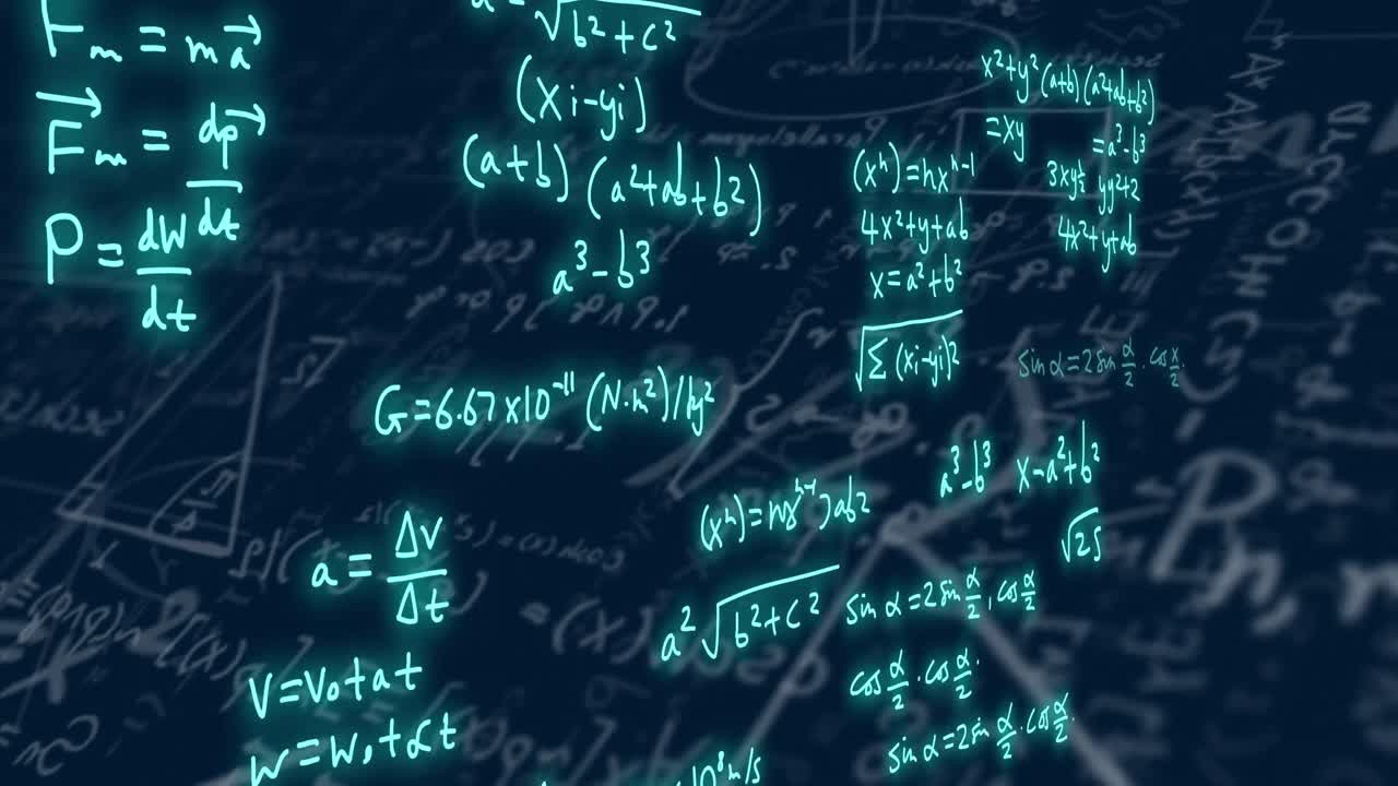 Animation of mathematical formulae and scientific data processing over black background