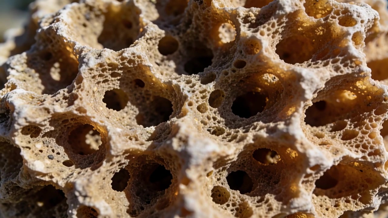 Telecamera che si sposta lentamente avvicinandosi a una spugna beige porosa sulla riva, evidenziandone la texture e le cavità.