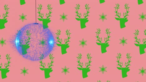 Animation-of-christmas-bauble-over-christmas-reindeer-pattern-on-pink-background