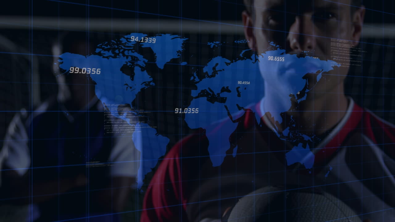 경기장에서 백인 축구 선수에 대한 그래프와 데이터의 애니메이션